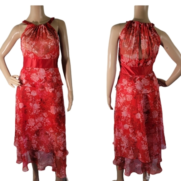 KAREN MILLEN Red Floral Silk Tiered Maxi Dress Sz 6 Halter Neck Sleeveless - Picture 1 of 12